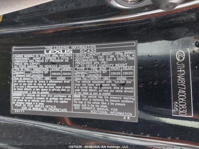 Aukcja sprzedaży 2004 Lexus Sc 430, vin: JTHFN48Y740060830, numer aukcji: 12670226