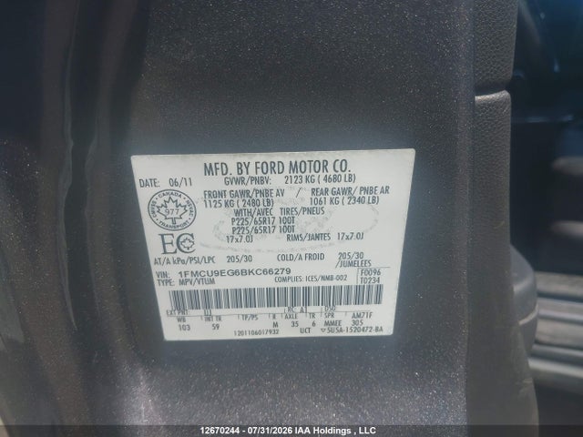 Продажа на аукционе авто 2011 Ford Escape Limited, vin: 1FMCU9EG6BKC66279, номер лота: 12670244