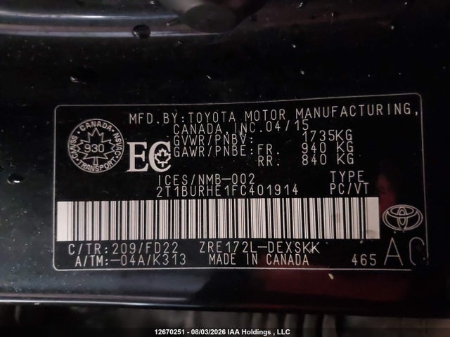 Toyota Corolla S 2015 2T1BURHE1FC401914 Image 9