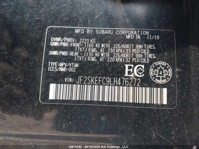 Продажа на аукционе авто 2020 Subaru Forester Convenience, vin: JF2SKEFC9LH476272, номер лота: 12670252