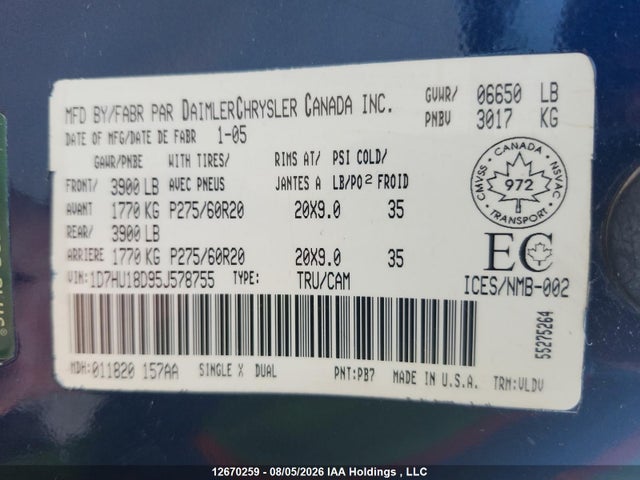 Продаж на аукціоні авто 2005 Dodge Ram 1500 Slt/laramie, vin: 1D7HU18D95J578755, номер лоту: 12670259