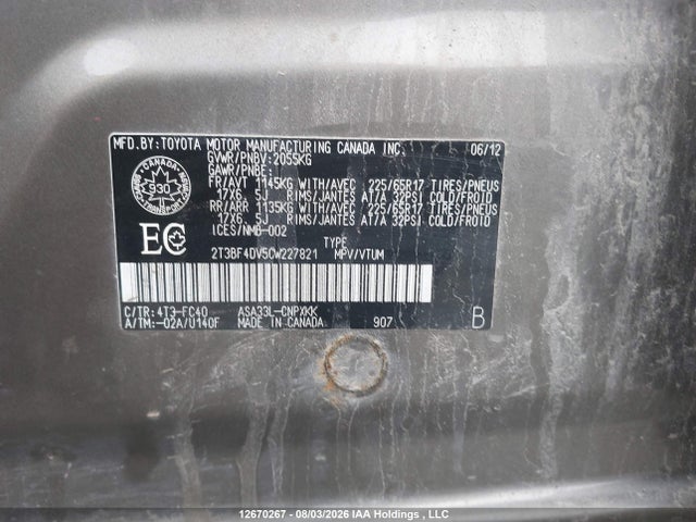 Продаж на аукціоні авто 2012 Toyota Rav4, vin: 2T3BF4DV5CW227821, номер лоту: 12670267