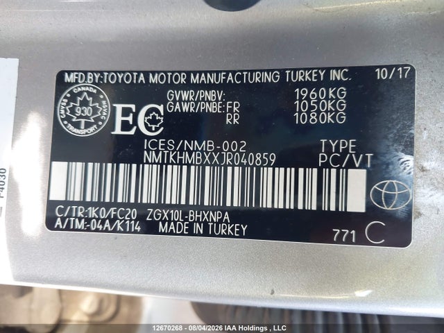2018 Toyota C-hr Xle მანქანა იყიდება აუქციონზე, vin: NMTKHMBXXJR040859, აუქციონის ნომერი: 12670268