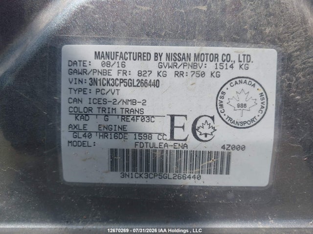 3N1CK3CP5GL266440 Nissan Micra