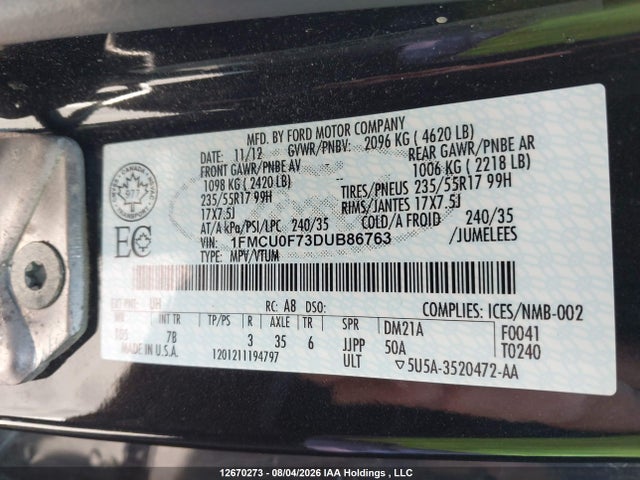 12670273 :رقم المزاد ، 1FMCU0F73DUB86763 vin ، 2013 Ford Escape مزاد بيع