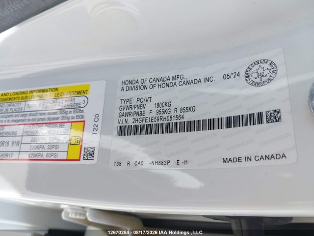 2HGFE1E59RH081564 Honda Civic