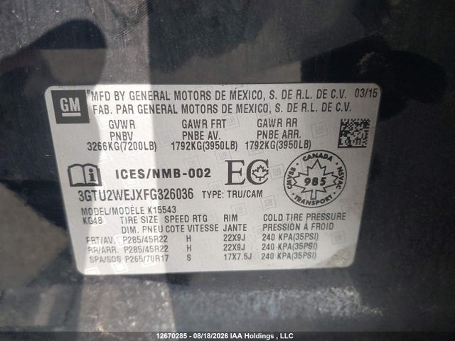 Продаж на аукціоні авто 2015 Gmc Sierra K1500 Denali, vin: 3GTU2WEJXFG326036, номер лоту: 12670285