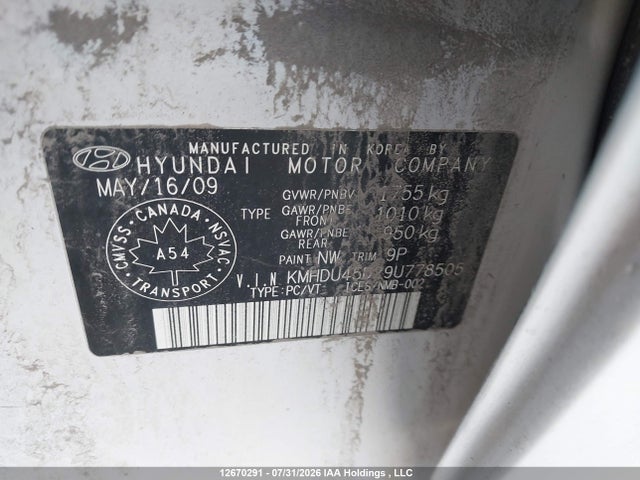 Aukcja sprzedaży 2009 Hyundai Elantra, vin: KMHDU45D29U778505, numer aukcji: 12670291