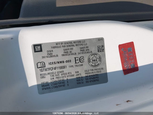 12670296 :رقم المزاد ، 1GTW7FCF4F1198061 vin ، 2015 Gmc Gmc مزاد بيع