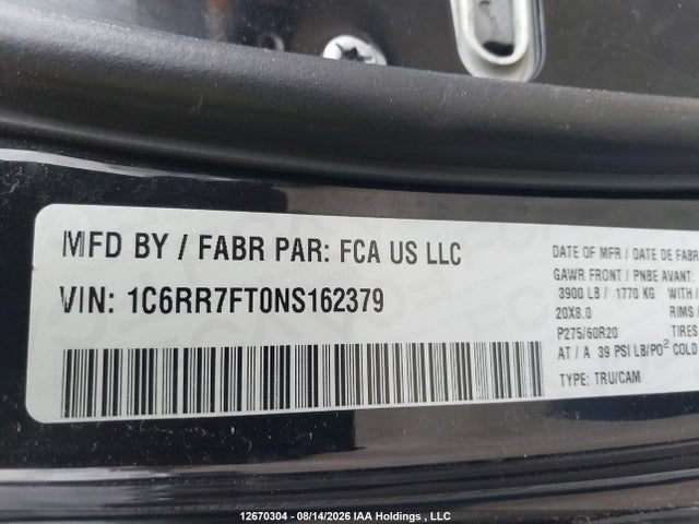 2022 Ram 1500 Classic Tradesman მანქანა იყიდება აუქციონზე, vin: 1C6RR7FT0NS162379, აუქციონის ნომერი: 12670304