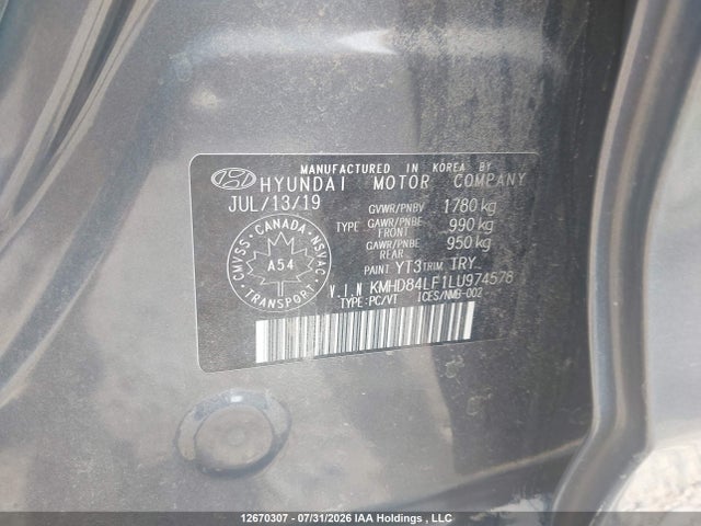 12670307 :رقم المزاد ، KMHD84LF1LU974578 vin ، 2020 Hyundai Elantra Luxury مزاد بيع
