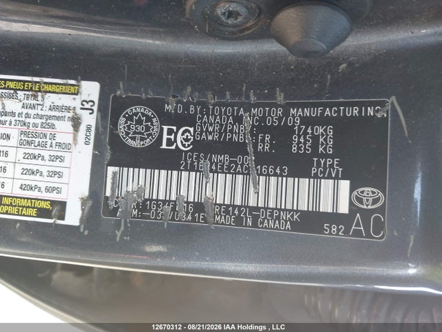 12670312 :رقم المزاد ، 2T1BU4EE2AC216643 vin ، 2010 Toyota Corolla S/le/xle مزاد بيع