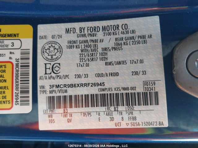 Продажа на аукционе авто 2024 Ford Bronco Sport Big Bend, vin: 3FMCR9B6XRRF26945, номер лота: 12670314