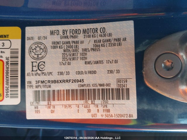 Продажа на аукционе авто 2024 Ford Bronco Sport Big Bend, vin: 3FMCR9B6XRRF26945, номер лота: 12670314