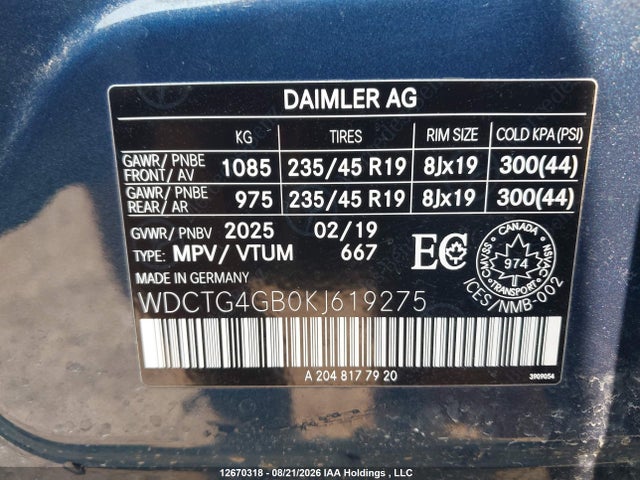 2019 Mercedes-benz Gla 250 4matic მანქანა იყიდება აუქციონზე, vin: WDCTG4GB0KJ619275, აუქციონის ნომერი: 12670318