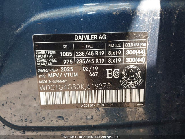 2019 Mercedes-benz Gla 250 4matic მანქანა იყიდება აუქციონზე, vin: WDCTG4GB0KJ619275, აუქციონის ნომერი: 12670318