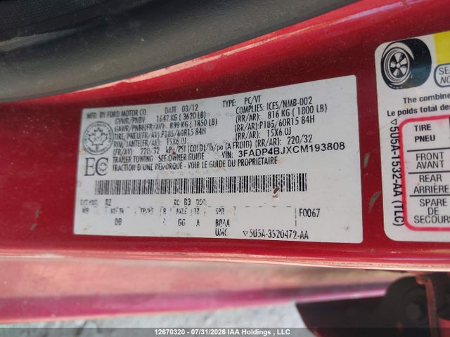 2012 Ford Fiesta Se მანქანა იყიდება აუქციონზე, vin: 3FADP4BJXCM193808, აუქციონის ნომერი: 12670320