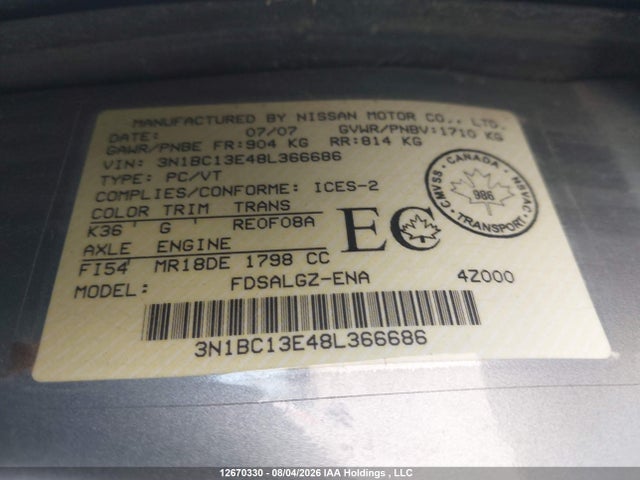 Продаж на аукціоні авто 2008 Nissan Versa 1.8 Sl, vin: 3N1BC13E48L366686, номер лоту: 12670330
