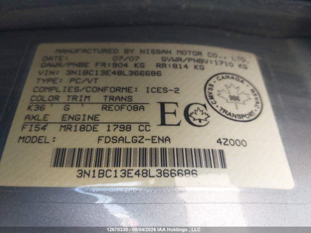 Продаж на аукціоні авто 2008 Nissan Versa 1.8 Sl, vin: 3N1BC13E48L366686, номер лоту: 12670330