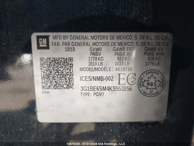 2019 Chevrolet Cruze Lt მანქანა იყიდება აუქციონზე, vin: 3G1BE6SM4KS553056, აუქციონის ნომერი: 12670336