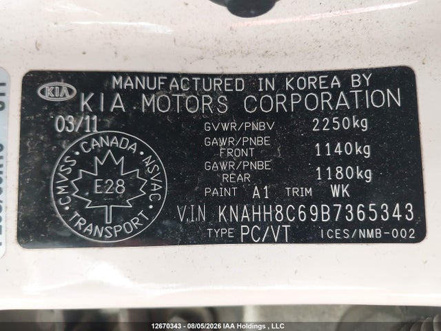 2011 Kia Rondo მანქანა იყიდება აუქციონზე, vin: KNAHH8C69B7365343, აუქციონის ნომერი: 12670343