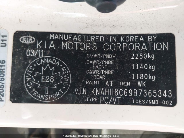 2011 Kia Rondo მანქანა იყიდება აუქციონზე, vin: KNAHH8C69B7365343, აუქციონის ნომერი: 12670343