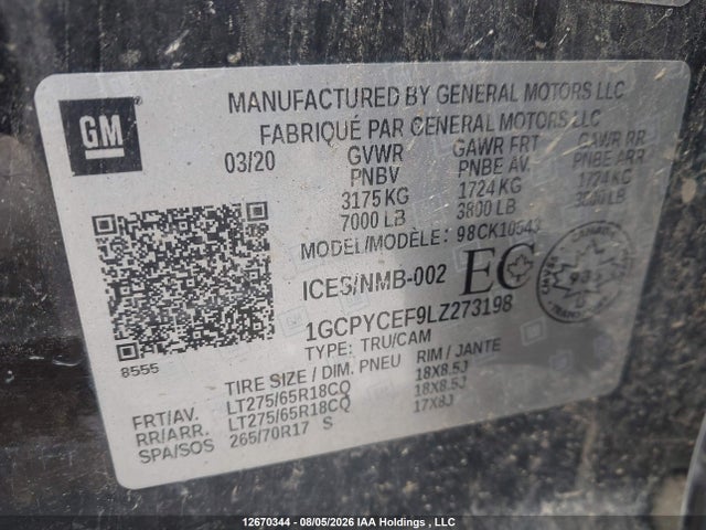 12670344 :رقم المزاد ، 1GCPYCEF9LZ273198 vin ، 2020 Chevrolet Silverado K1500 Trail Boss Custom مزاد بيع
