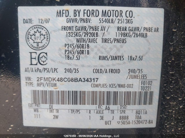 Продаж на аукціоні авто 2008 Ford Edge Sel, vin: 2FMDK48C08BA34317, номер лоту: 12670350