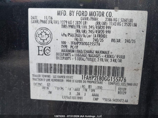 Ford TAURUS SEL 2016 1FAHP2E80GG155776 Image 9