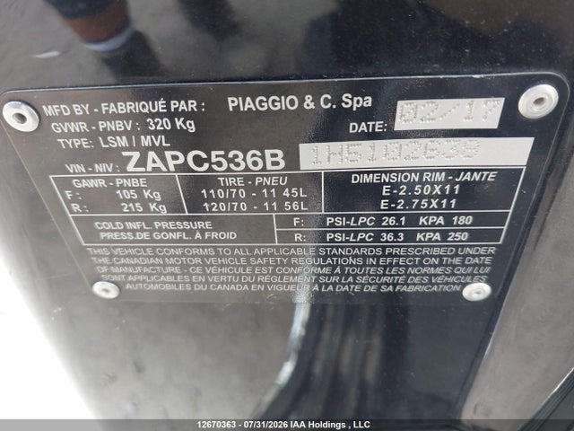 Aukcja sprzedaży 2017 Vespa Primavera 50 4v Ie, vin: ZAPC536B1H5102638, numer aukcji: 12670363