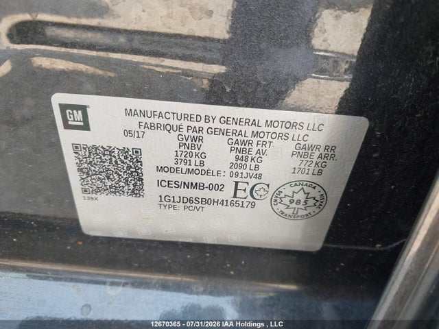 Aukcja sprzedaży 2017 Chevrolet Sonic Lt Auto, vin: 1G1JD6SB0H4165179, numer aukcji: 12670365