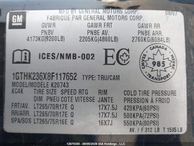 Aukcja sprzedaży 2008 Gmc Sierra 2500hd Sle/slt/wt, vin: 1GTHK236X8F117652, numer aukcji: 12670385