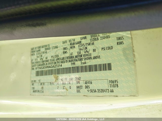 12670394 :رقم المزاد ، 1FTNE2EW6ADA27214 vin ، 2010 Ford E-250 Commercial/recreational مزاد بيع