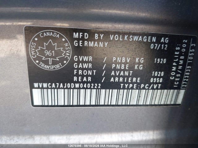 Aukcja sprzedaży 2013 Volkswagen Golf 2.5l Comfortline/2.5l Highline/2.5l Trendline/wolfsburg Edition 2.5l, vin: WVWCA7AJ0DW040222, numer aukcji: 12670395