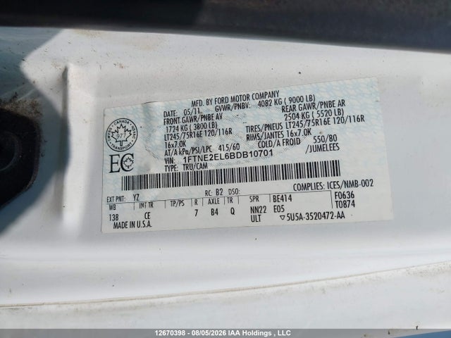 12670398 :رقم المزاد ، 1FTNE2EL6BDB10701 vin ، 2011 Ford E-250 Commercial مزاد بيع