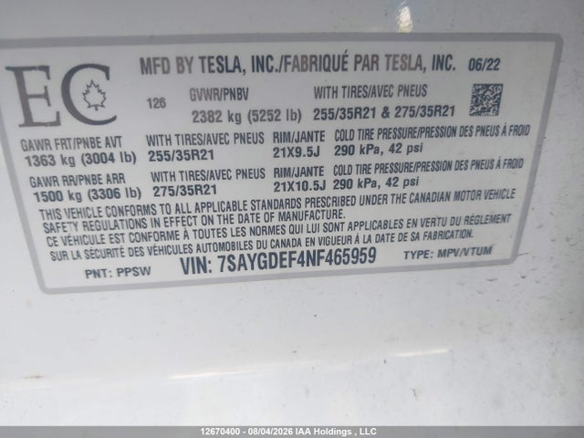 Aukcja sprzedaży 2022 Tesla Model Y, vin: 7SAYGDEF4NF465959, numer aukcji: 12670400