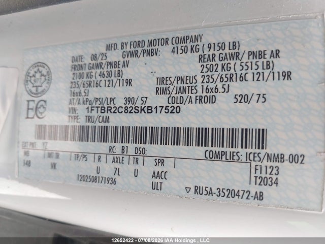 Aukcja sprzedaży 2025 Ford Transit-250 Cargo, vin: 1FTBR2C82SKB17520, numer aukcji: 12652422
