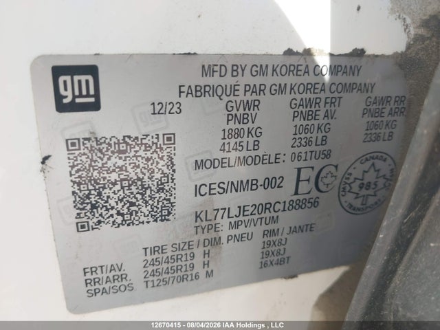 12670415 :رقم المزاد ، KL77LJE20RC188856 vin ، 2024 Chevrolet Trax 2rs مزاد بيع