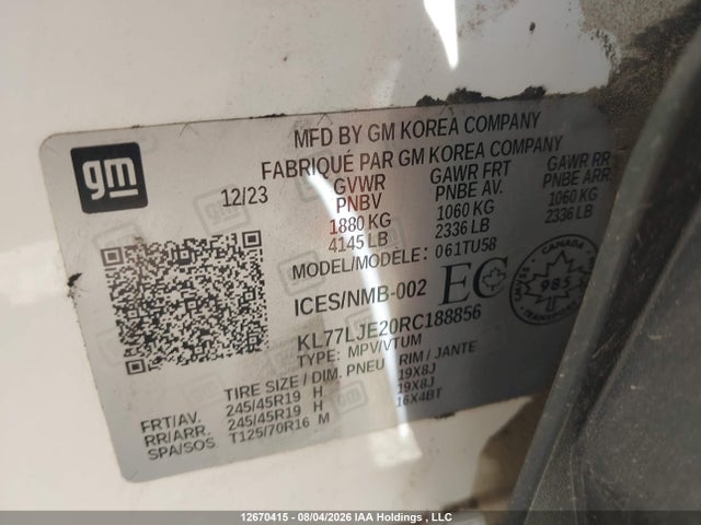 12670415 :رقم المزاد ، KL77LJE20RC188856 vin ، 2024 Chevrolet Trax 2rs مزاد بيع