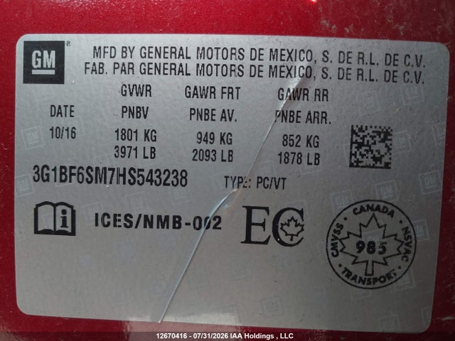 Продаж на аукціоні авто 2017 Chevrolet Cruze Premier Auto, vin: 3G1BF6SM7HS543238, номер лоту: 12670416