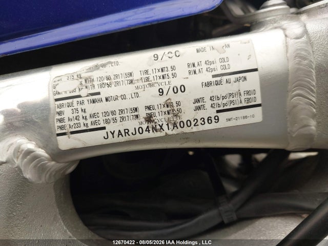Продажа на аукционе авто 2001 Yamaha Yzfr6 S, vin: JYARJ04NX1A002369, номер лота: 12670422