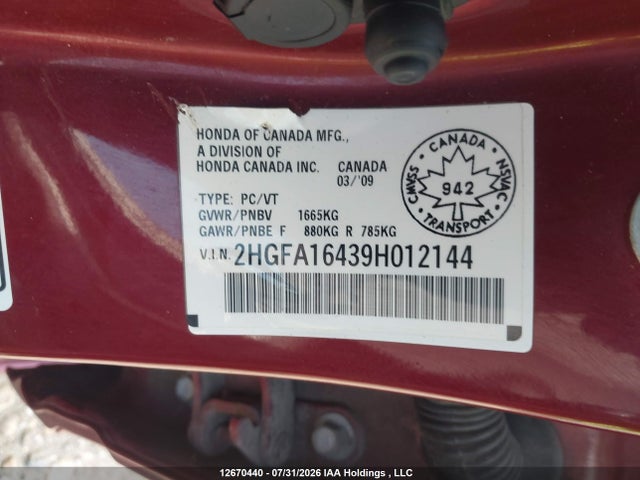 12670440 :رقم المزاد ، 2HGFA16439H012144 vin ، 2009 Honda Civic مزاد بيع