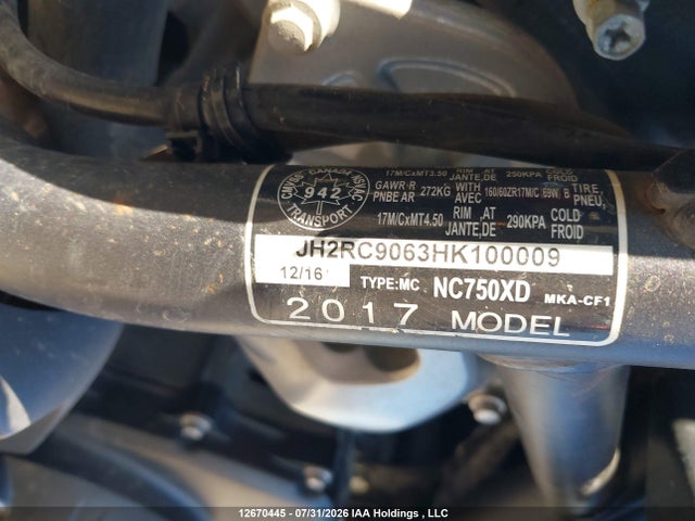 12670445 :رقم المزاد ، JH2RC9063HK100009 vin ، 2017 Honda Nc750 Xd مزاد بيع