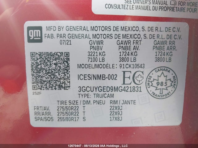 Продаж на аукціоні авто 2021 Chevrolet Silverado K1500 Ltz, vin: 3GCUYGED9MG421831, номер лоту: 12670447