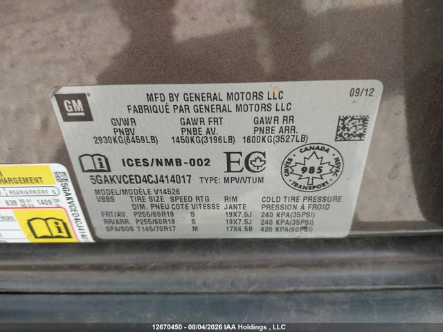 2012 Buick Enclave მანქანა იყიდება აუქციონზე, vin: 5GAKVCED4CJ414017, აუქციონის ნომერი: 12670450