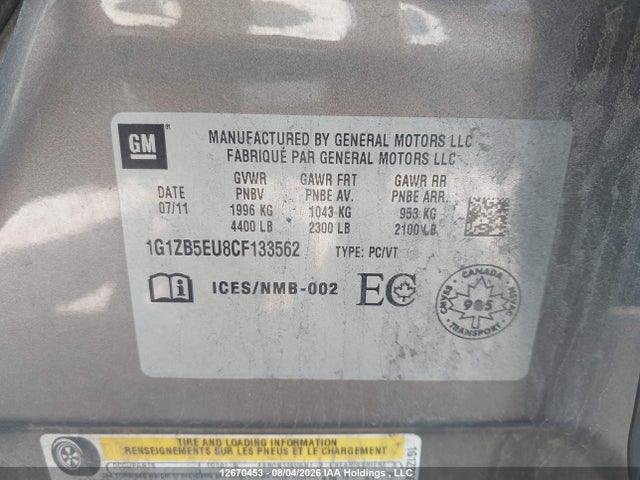 Продажа на аукционе авто 2012 Chevrolet Malibu Ls, vin: 1G1ZB5EU8CF133562, номер лота: 12670453