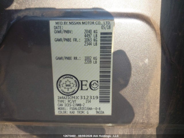 2018 Nissan Leaf S/sl/sv მანქანა იყიდება აუქციონზე, vin: 1N4AZ1CP4JC312319, აუქციონის ნომერი: 12670460