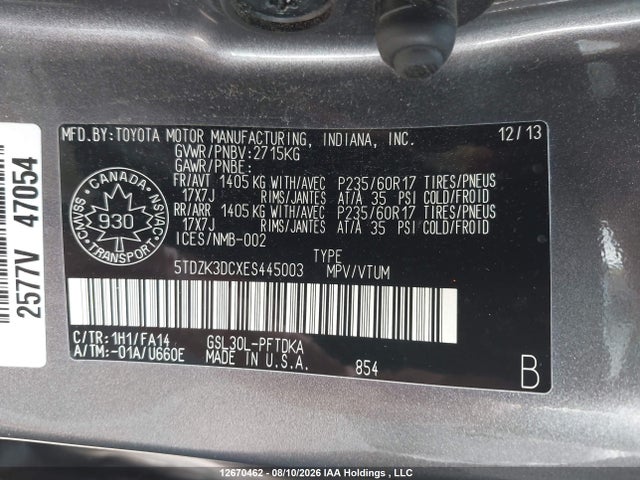 5TDZK3DCXES445003 Toyota Sienna 7 Passenger
