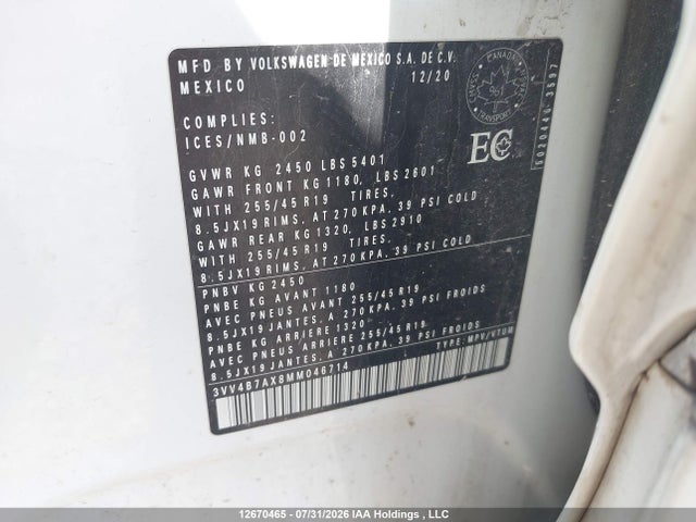 12670465 :رقم المزاد ، 3VV4B7AX8MM046714 vin ، 2021 Volkswagen Tiguan Highline مزاد بيع