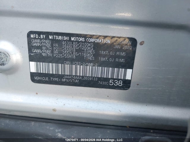 Продаж на аукціоні авто 2020 Mitsubishi Eclipse Cross Gt/limited Edition/se, vin: JA4AT4AAXLZ609133, номер лоту: 12670471